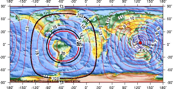 Magnitude 7.2 KEPULAUAN TALAUD, INDONESIA Wednesday, February 11, 2009 at 17:34:50 UTC  Theoretical P-Wave Travel Times