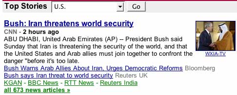 Google News screen shot 200801.13 Lying Bush says, Iran threatens world security.