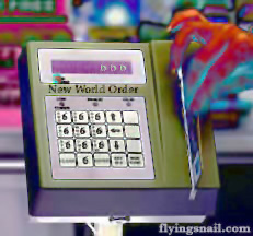 Abstract Picture of New World Order 666 Identity Card Swipe Machine with Demonic Hand Running A Card through it.