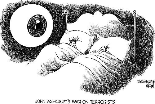 Cartoon of two people trying to sleep with a big Government eye looking at them