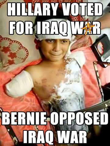 This is a child who was mutilated and maimed by a Bush Republican Administration with Democrat Support. Hillary Voted For Iraq War and Bernie Opposed Iraq War