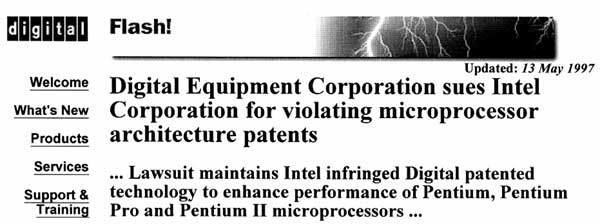 Digital Equipment Corporation sues Intel Corporation for violating microprocessor architecture patents