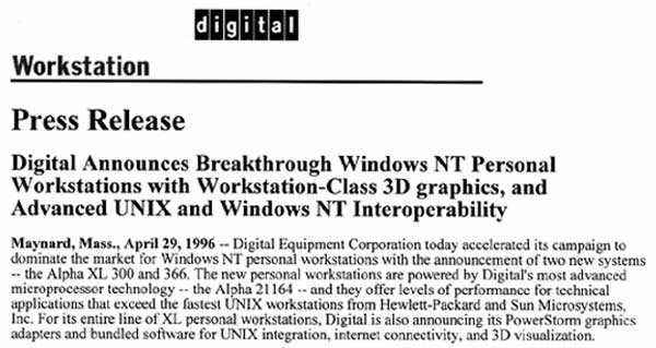 Digital Announce Breakthrough Windows NT Personal Workstations
