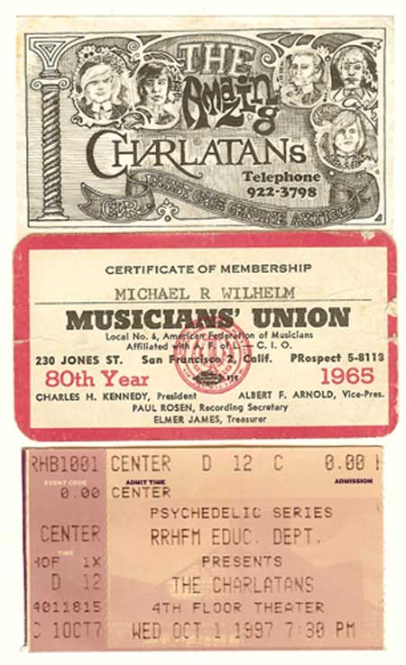 Charlatans business card, Mike's first Union Card, Ticket for Charlatans at the Rock and Roll Hall of Fame and Museum.