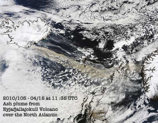 2010/105 - 04/15 at 11 :35 UTC Ash plume from Eyjafjallajokull Volcano over the North Atlantic