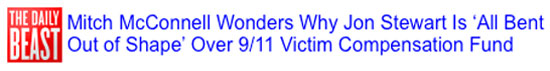 Mitch McConnell Wonders Why Jon Stewart Is ‘All Bent Out of Shape’ Over 9/11 Victim Compensation Fund ‘It sounds to me like he is looking for some way to take offense,’ the senator added. by Justin Baragona