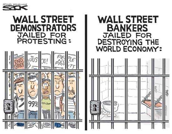 On the left: WALL STREET DEMONSTRATORS JAILED FOR PROTESTING (many people in jail) On the right: WALL STREET BANKERS JAILED FOR DESTROYING THE WORLD ECONOMY (no corporate criminals in jail)