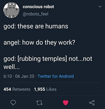 GOD: THESE ARE HUMANS ~ ANGEL: HOW DO THEY WORK? ~ GOD: [rubbibg temples] NOT...NOT WELL... via conscious robot @robots_feel