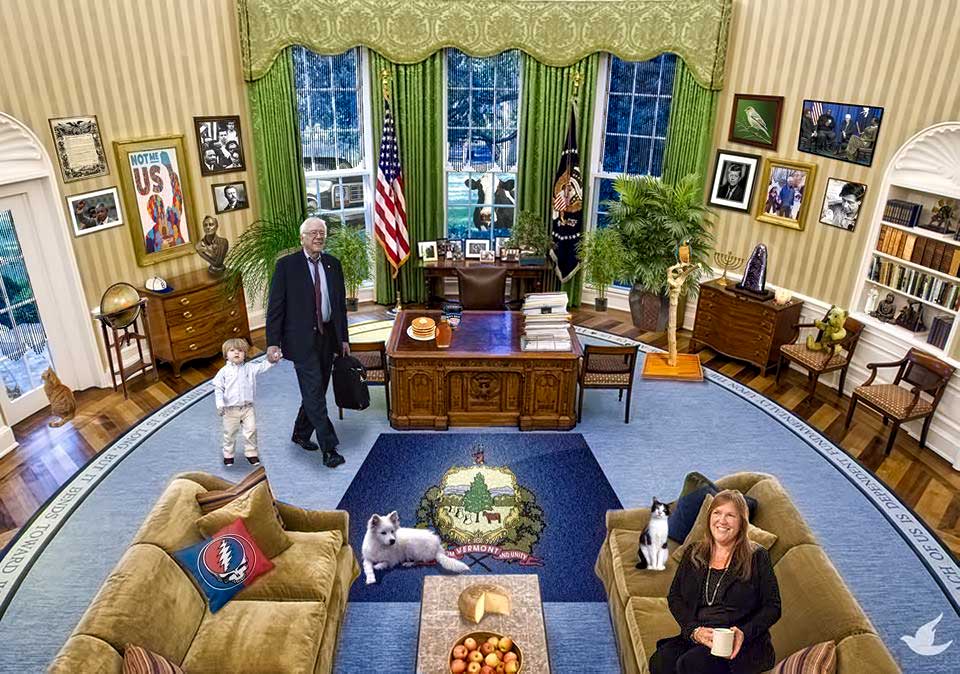 Picture of Bernnie Sanders and Family in the White House with the caption: NOBODY knows how it could have been without Debbie & the DNC Cheaters.