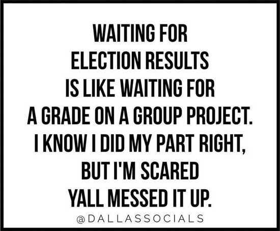 Waiting for election results is like waiting for a grade on a group project.  I know I did my part right, but I'm scared y'all messed it up.